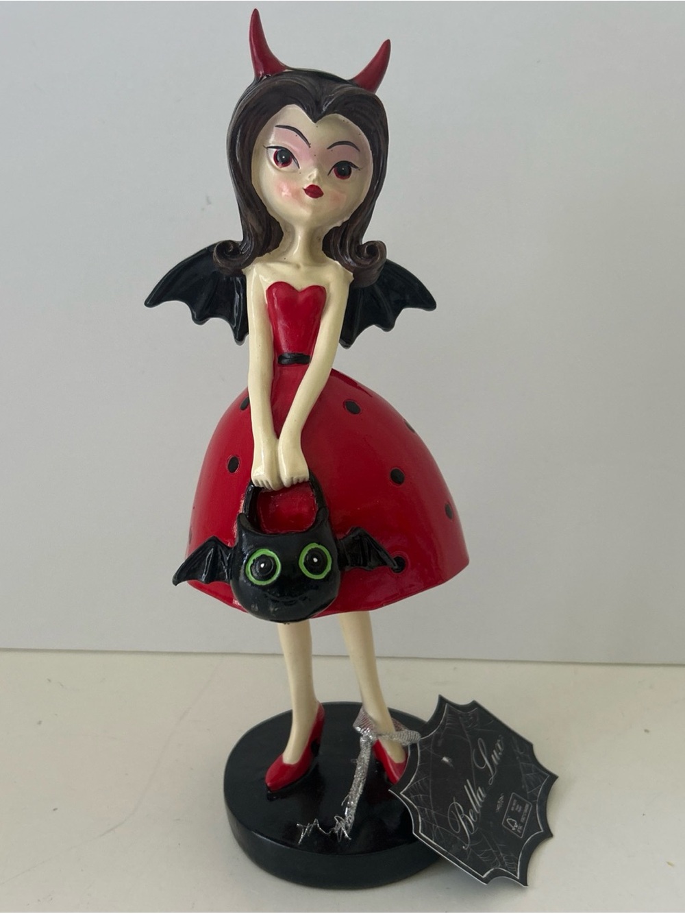 Bella Lux Halloween Red Devil Girl Figurine with Bat Purse 10”